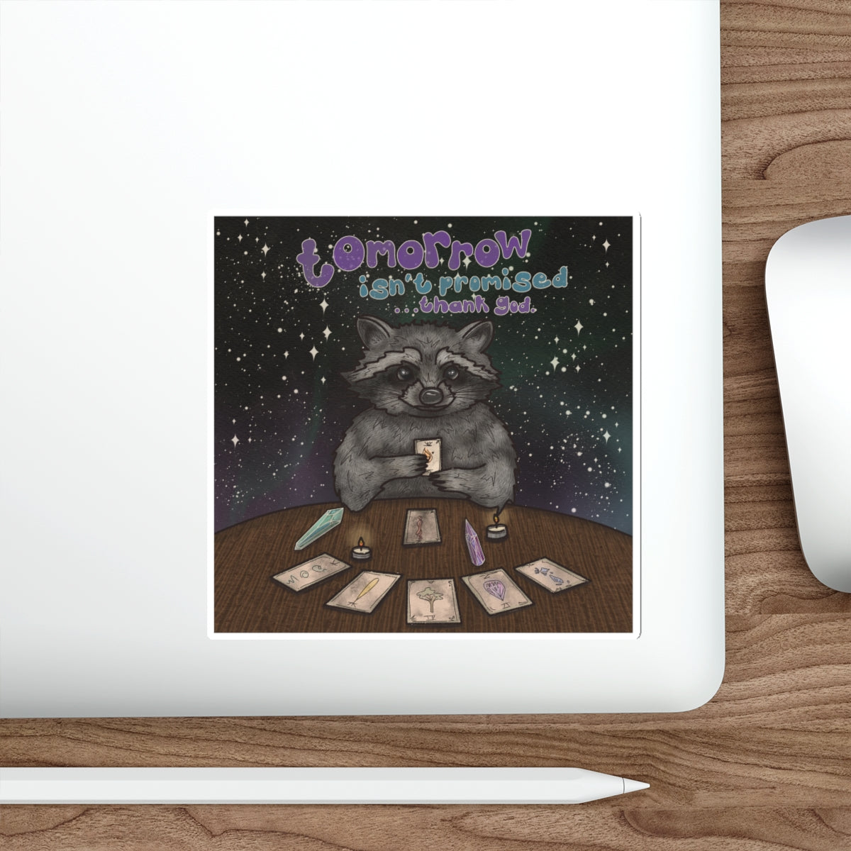 Mystical Tarot Raccoon Waterproof Vinyl Die-Cut Stickers, Cosmic Art, Tarot Inspired, Whimsical Decor, Trash Panda Gift