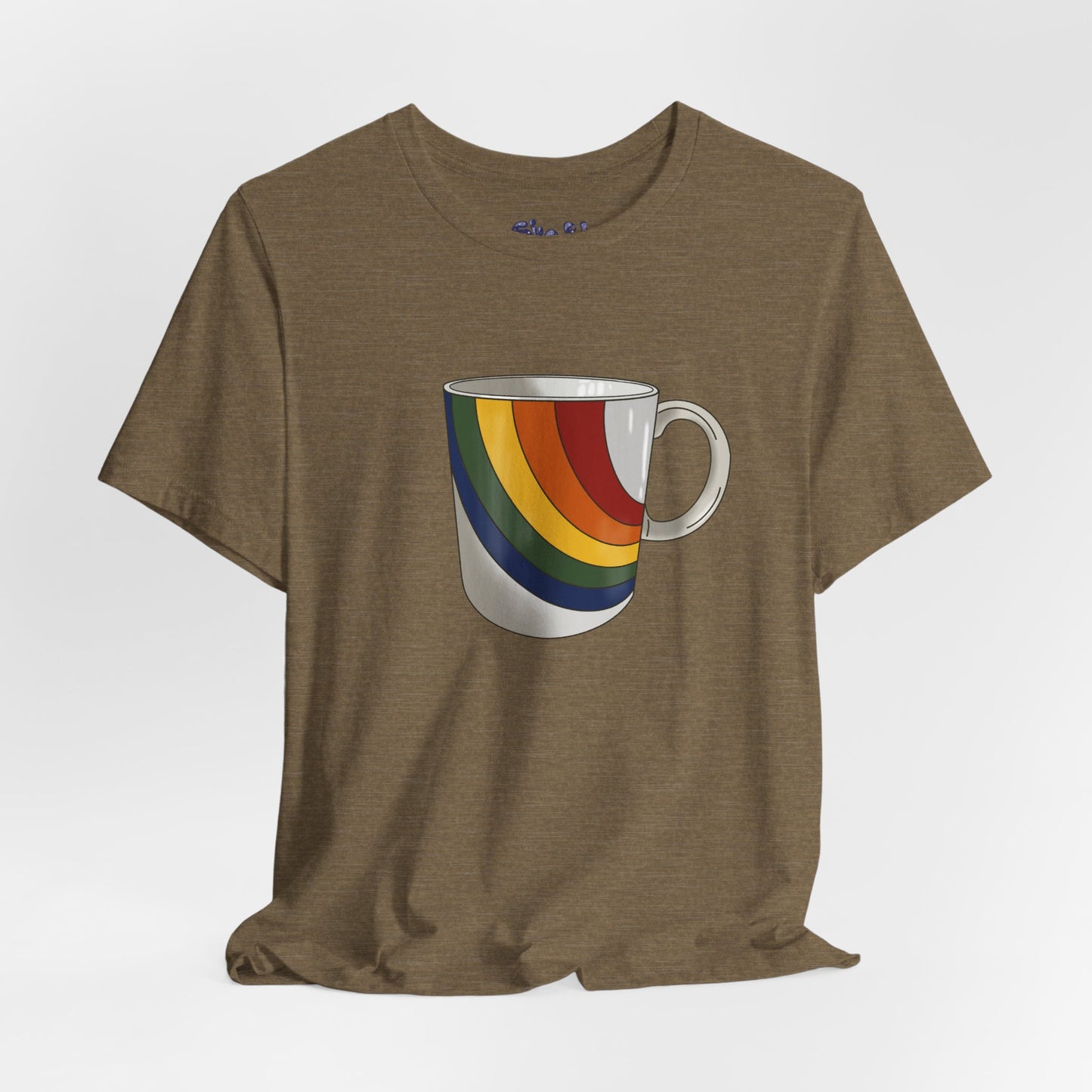 Retro 70's 80's Rainbow Coffee Mug Graphic Unisex Jersey Tee, Cute Vintage Coffee Gift, Gen X Millennial Casual Wear, Pride Shirt, LGBTQ+