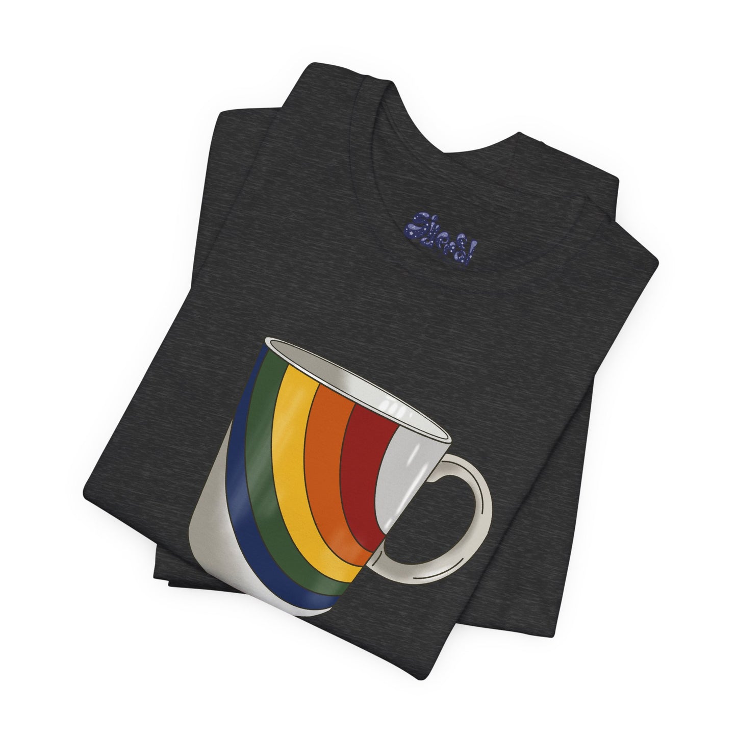 Retro 70's 80's Rainbow Coffee Mug Graphic Unisex Jersey Tee, Cute Vintage Coffee Gift, Gen X Millennial Casual Wear, Pride Shirt, LGBTQ+