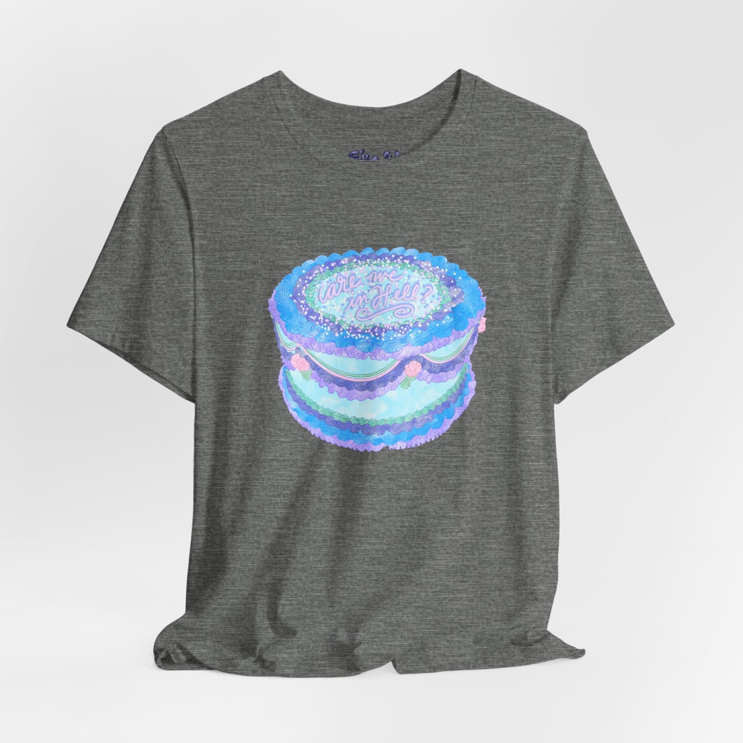 Are We In Hell Cake Unisex Jersey Tee, Quirky Baking Graphic T-Shirt, Vintage Fancy Cake Apparel, Casual Wear for Bakers