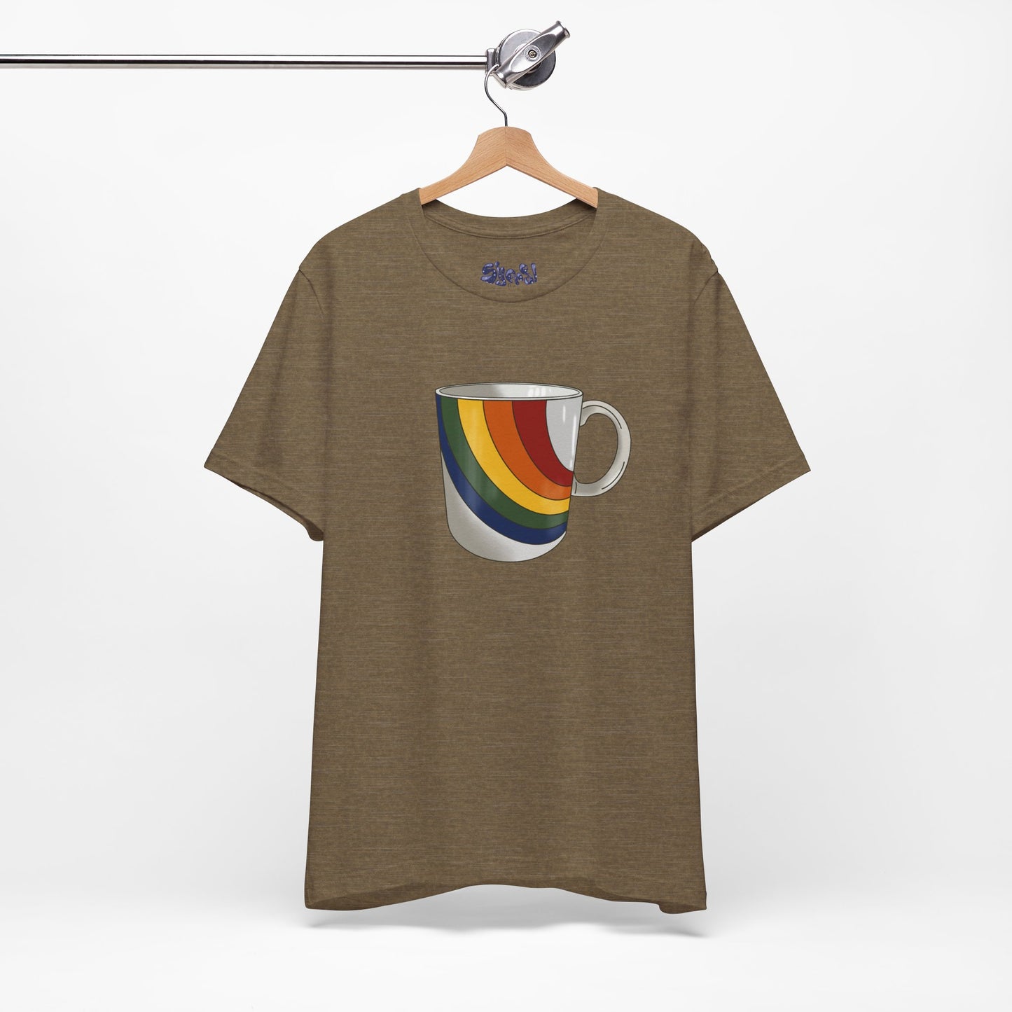 Retro 70's 80's Rainbow Coffee Mug Graphic Unisex Jersey Tee, Cute Vintage Coffee Gift, Gen X Millennial Casual Wear, Pride Shirt, LGBTQ+