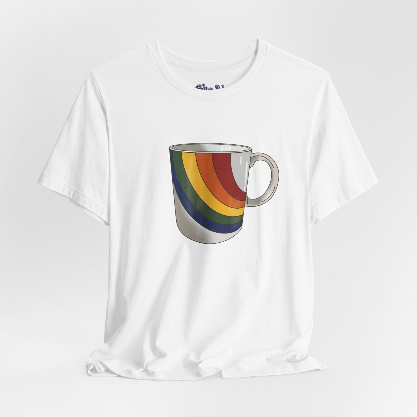 Retro 70's 80's Rainbow Coffee Mug Graphic Unisex Jersey Tee, Cute Vintage Coffee Gift, Gen X Millennial Casual Wear, Pride Shirt, LGBTQ+