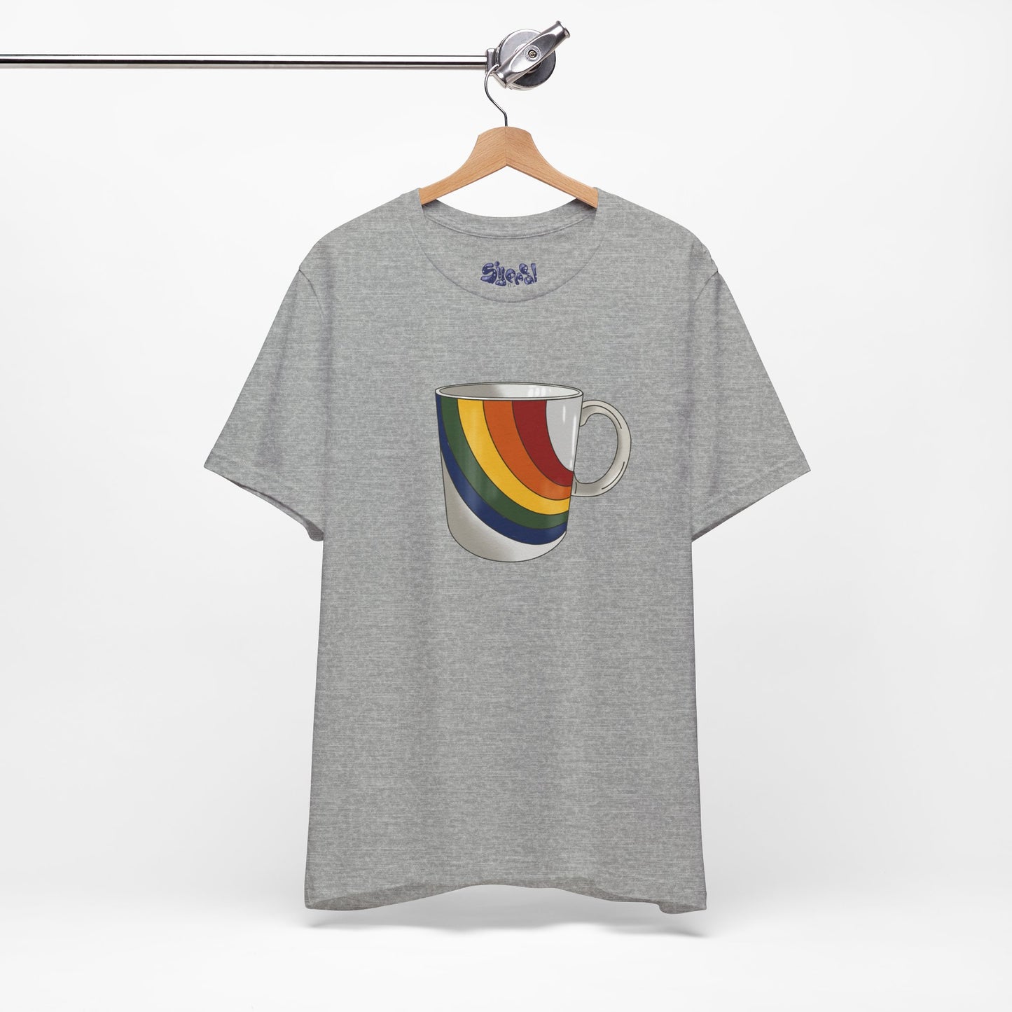 Retro 70's 80's Rainbow Coffee Mug Graphic Unisex Jersey Tee, Cute Vintage Coffee Gift, Gen X Millennial Casual Wear, Pride Shirt, LGBTQ+
