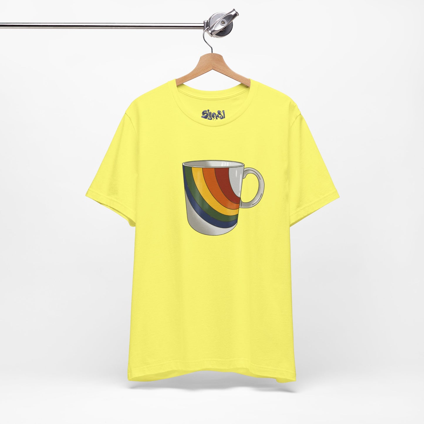 Retro 70's 80's Rainbow Coffee Mug Graphic Unisex Jersey Tee, Cute Vintage Coffee Gift, Gen X Millennial Casual Wear, Pride Shirt, LGBTQ+