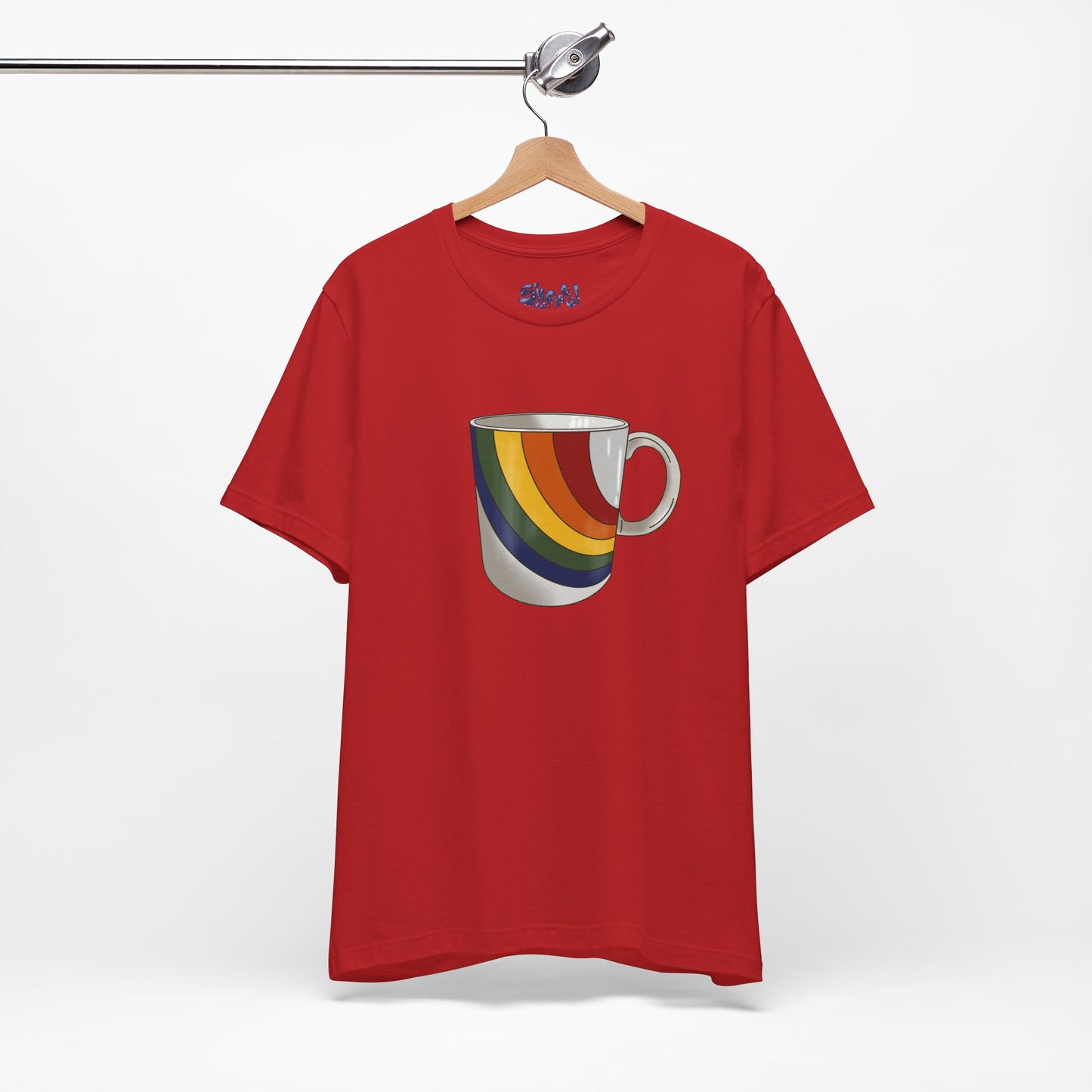 Retro 70's 80's Rainbow Coffee Mug Graphic Unisex Jersey Tee, Cute Vintage Coffee Gift, Gen X Millennial Casual Wear, Pride Shirt, LGBTQ+