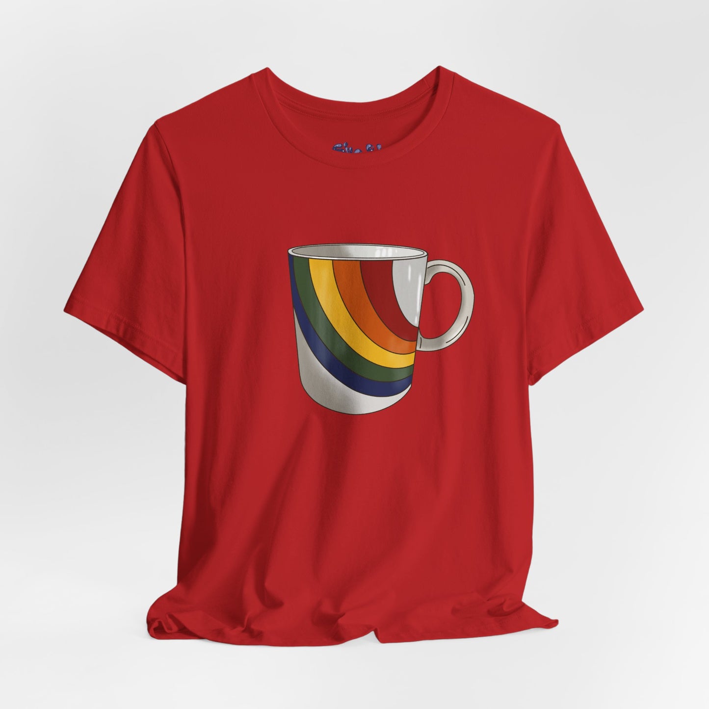 Retro 70's 80's Rainbow Coffee Mug Graphic Unisex Jersey Tee, Cute Vintage Coffee Gift, Gen X Millennial Casual Wear, Pride Shirt, LGBTQ+