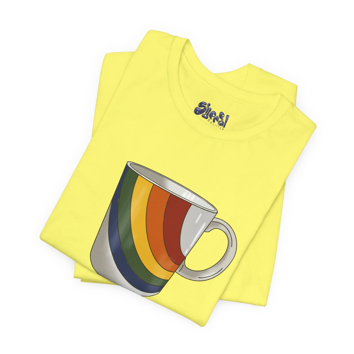 Retro 70's 80's Rainbow Coffee Mug Graphic Unisex Jersey Tee, Cute Vintage Coffee Gift, Gen X Millennial Casual Wear, Pride Shirt, LGBTQ+