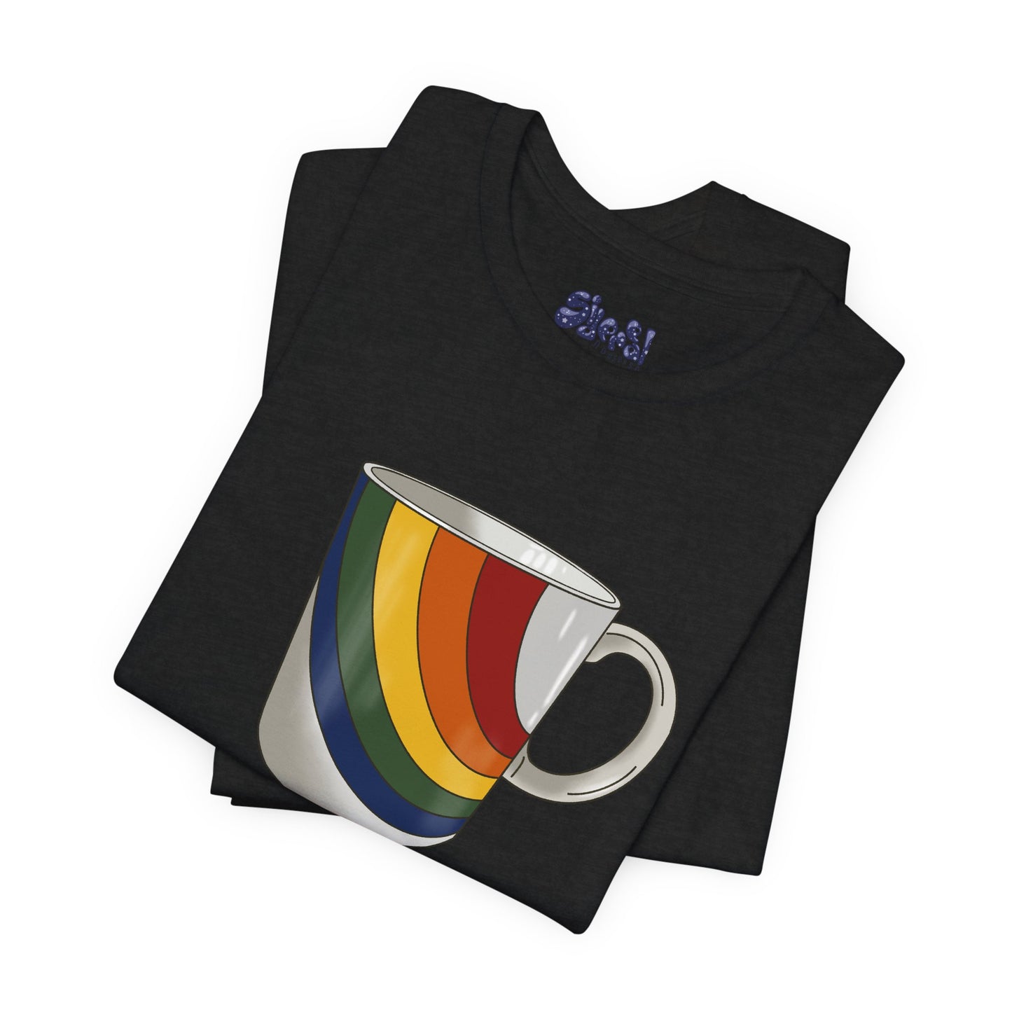 Retro 70's 80's Rainbow Coffee Mug Graphic Unisex Jersey Tee, Cute Vintage Coffee Gift, Gen X Millennial Casual Wear, Pride Shirt, LGBTQ+