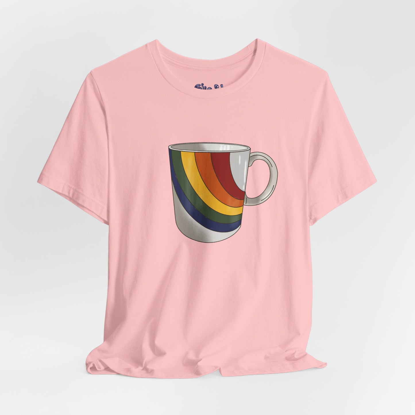Retro 70's 80's Rainbow Coffee Mug Graphic Unisex Jersey Tee, Cute Vintage Coffee Gift, Gen X Millennial Casual Wear, Pride Shirt, LGBTQ+
