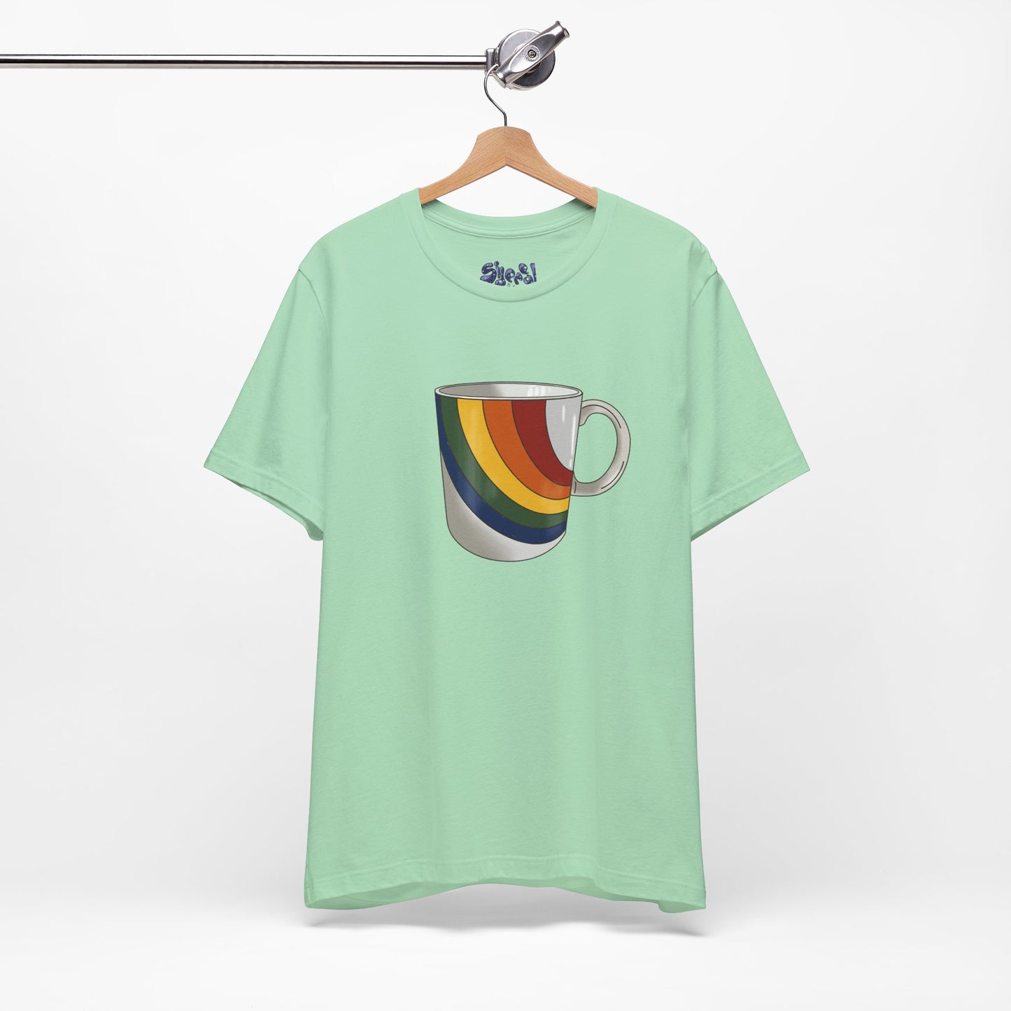 Retro 70's 80's Rainbow Coffee Mug Graphic Unisex Jersey Tee, Cute Vintage Coffee Gift, Gen X Millennial Casual Wear, Pride Shirt, LGBTQ+