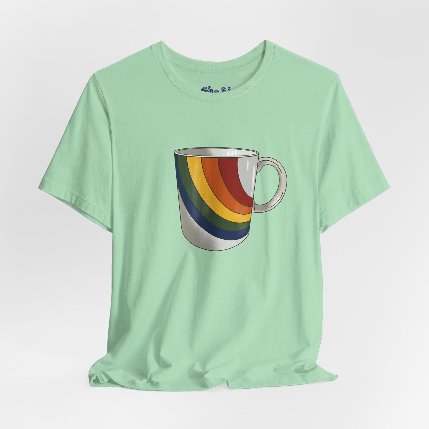Retro 70's 80's Rainbow Coffee Mug Graphic Unisex Jersey Tee, Cute Vintage Coffee Gift, Gen X Millennial Casual Wear, Pride Shirt, LGBTQ+