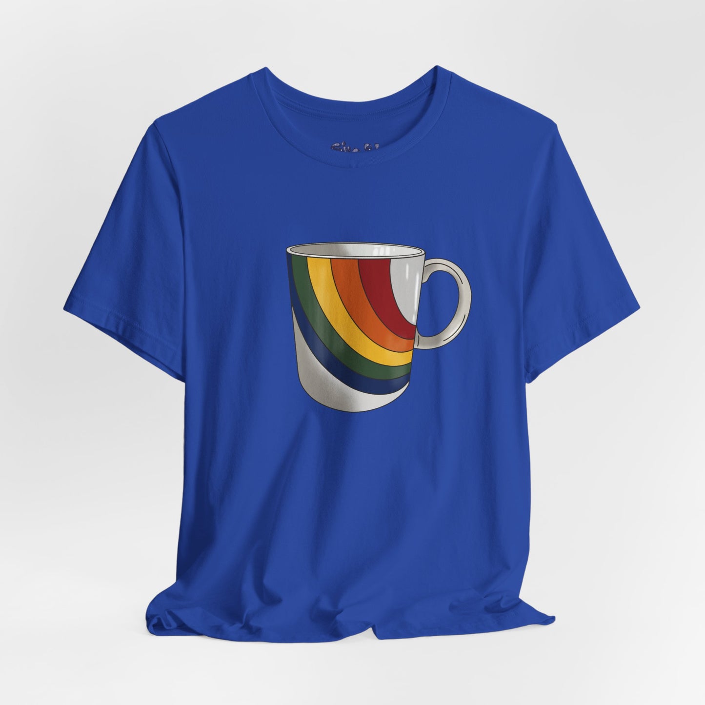 Retro 70's 80's Rainbow Coffee Mug Graphic Unisex Jersey Tee, Cute Vintage Coffee Gift, Gen X Millennial Casual Wear, Pride Shirt, LGBTQ+