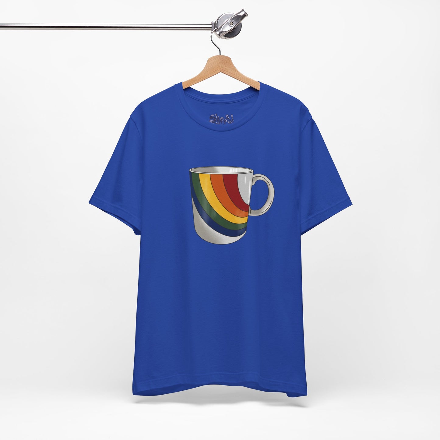 Retro 70's 80's Rainbow Coffee Mug Graphic Unisex Jersey Tee, Cute Vintage Coffee Gift, Gen X Millennial Casual Wear, Pride Shirt, LGBTQ+