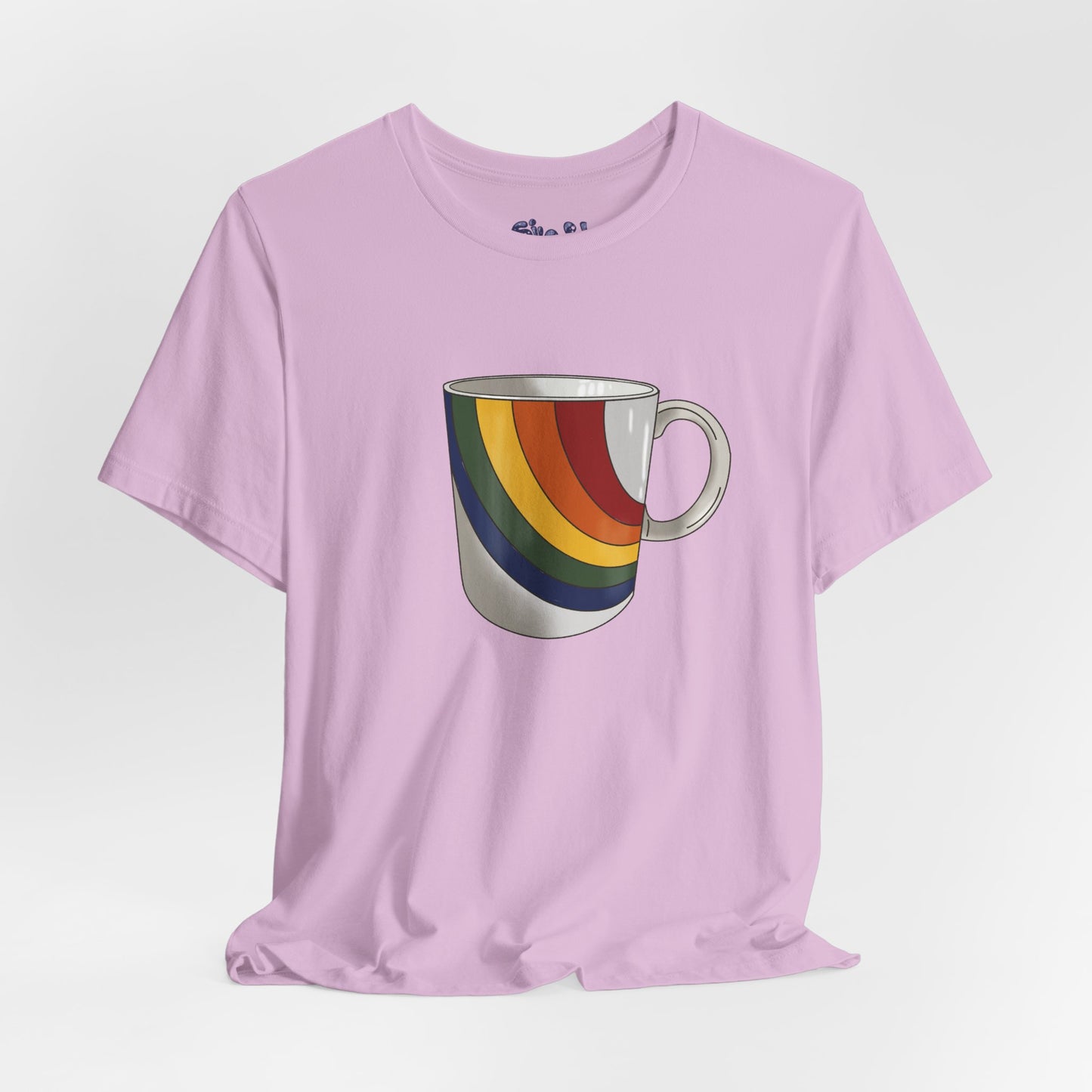 Retro 70's 80's Rainbow Coffee Mug Graphic Unisex Jersey Tee, Cute Vintage Coffee Gift, Gen X Millennial Casual Wear, Pride Shirt, LGBTQ+