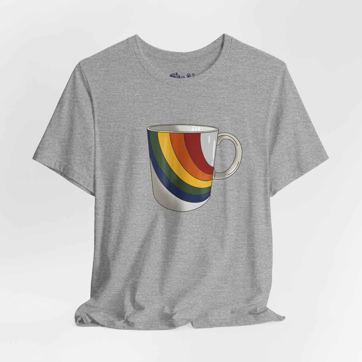 Retro 70's 80's Rainbow Coffee Mug Graphic Unisex Jersey Tee, Cute Vintage Coffee Gift, Gen X Millennial Casual Wear, Pride Shirt, LGBTQ+