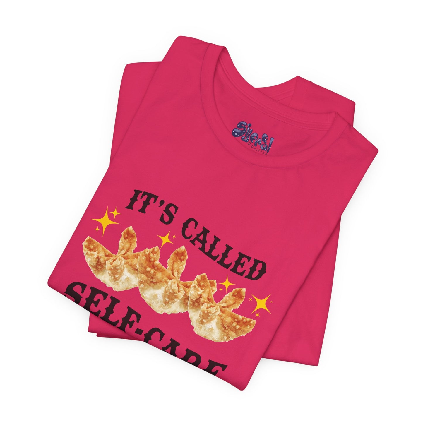 Crab Rangoon Self-Care Short Sleeve Tee, Unisex T-Shirt, Chinese Food Casual Wear, Gift for Foodie, Self Care Quotes, Quirky Motivational Apparel