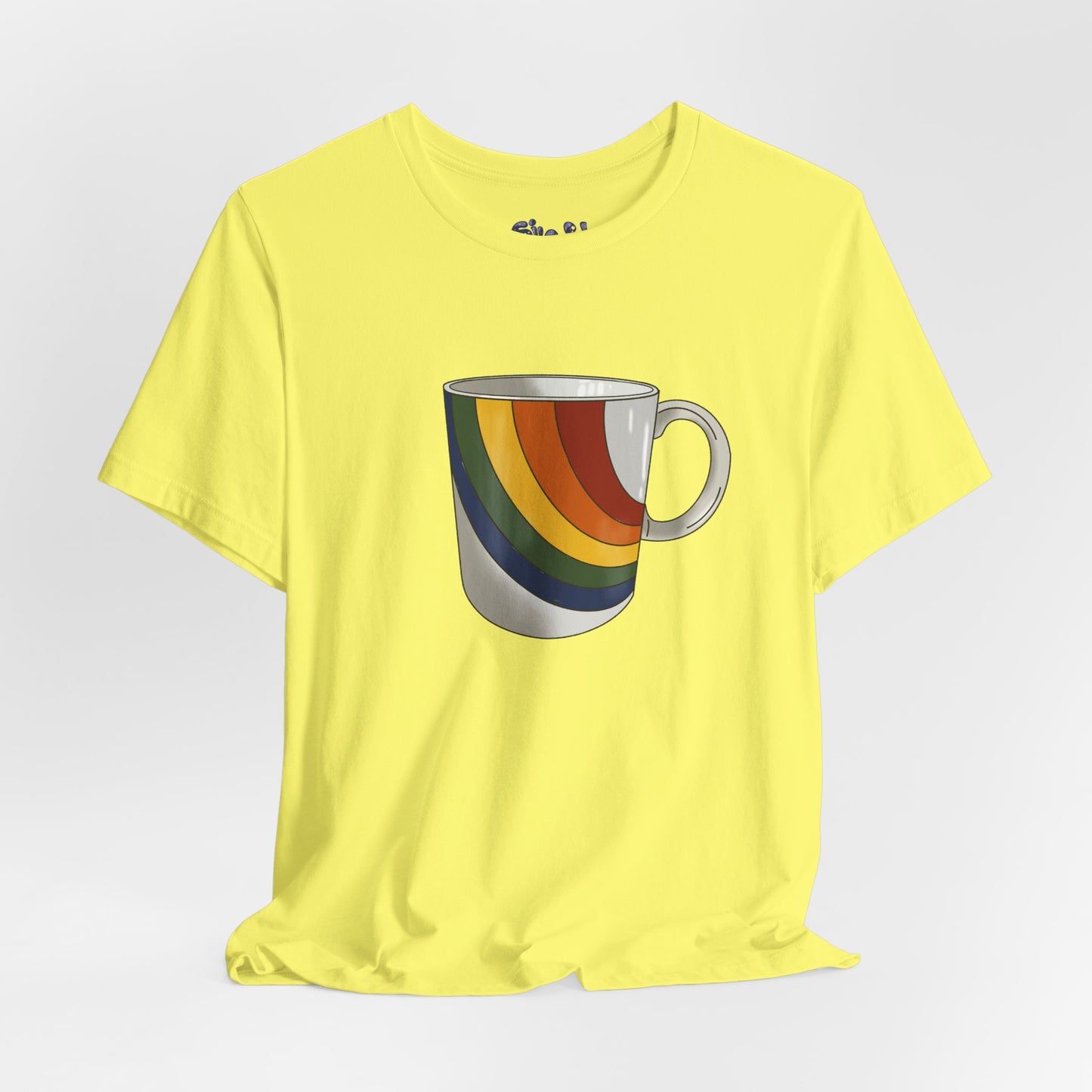Retro 70's 80's Rainbow Coffee Mug Graphic Unisex Jersey Tee, Cute Vintage Coffee Gift, Gen X Millennial Casual Wear, Pride Shirt, LGBTQ+