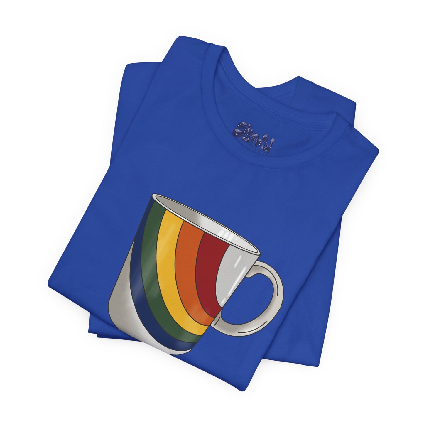 Retro 70's 80's Rainbow Coffee Mug Graphic Unisex Jersey Tee, Cute Vintage Coffee Gift, Gen X Millennial Casual Wear, Pride Shirt, LGBTQ+