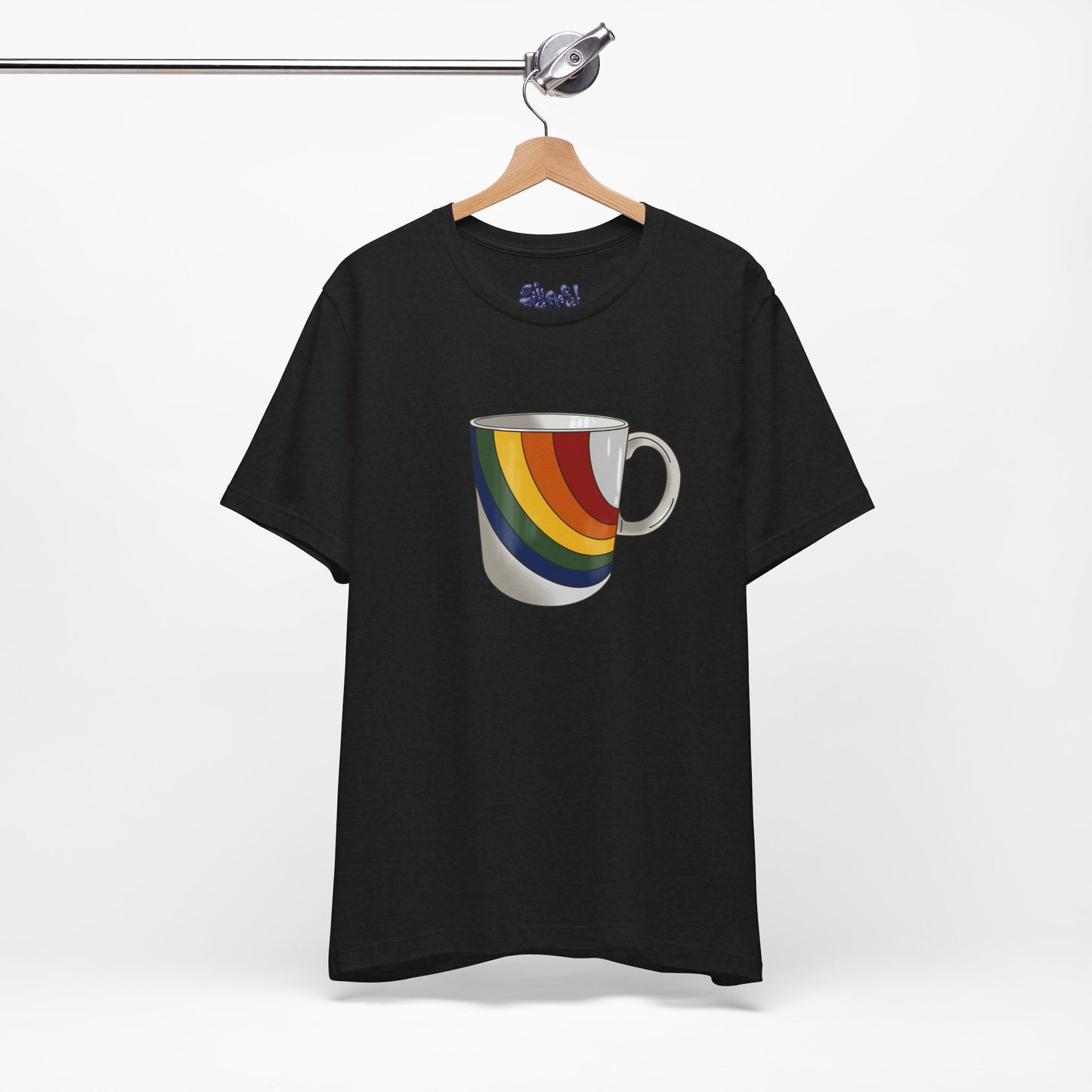 Retro 70's 80's Rainbow Coffee Mug Graphic Unisex Jersey Tee, Cute Vintage Coffee Gift, Gen X Millennial Casual Wear, Pride Shirt, LGBTQ+