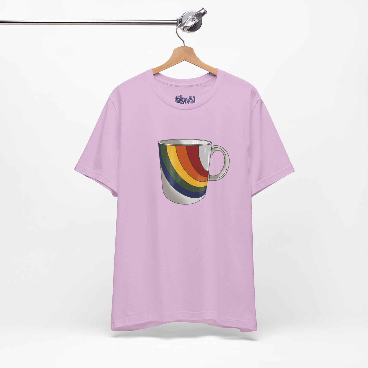 Retro 70's 80's Rainbow Coffee Mug Graphic Unisex Jersey Tee, Cute Vintage Coffee Gift, Gen X Millennial Casual Wear, Pride Shirt, LGBTQ+