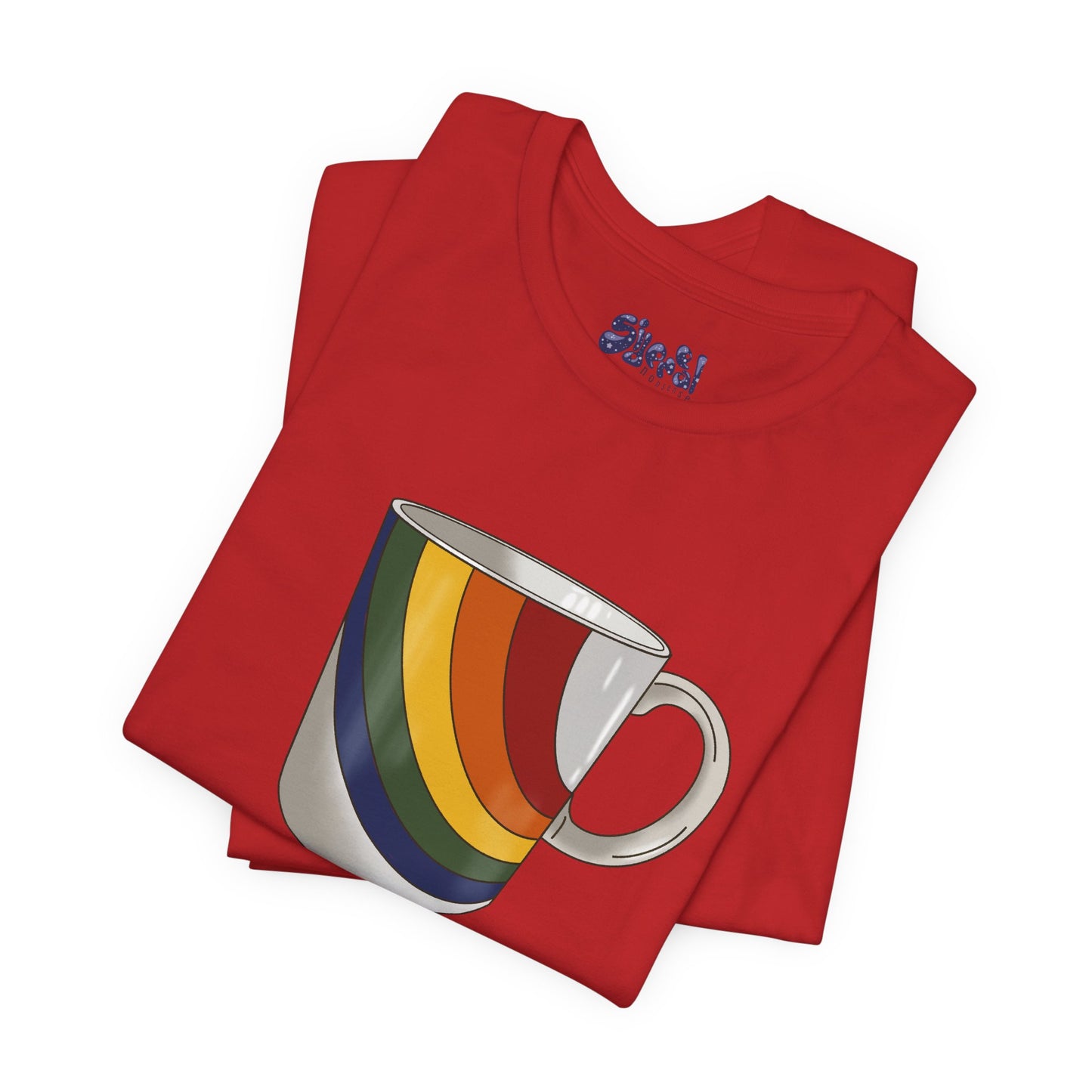 Retro 70's 80's Rainbow Coffee Mug Graphic Unisex Jersey Tee, Cute Vintage Coffee Gift, Gen X Millennial Casual Wear, Pride Shirt, LGBTQ+