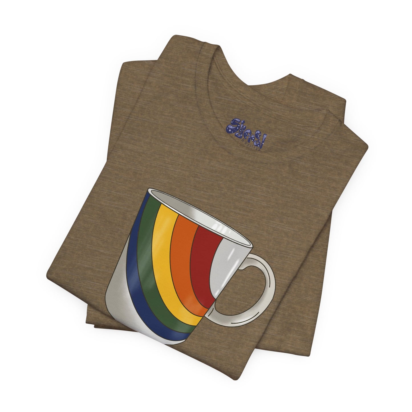 Retro 70's 80's Rainbow Coffee Mug Graphic Unisex Jersey Tee, Cute Vintage Coffee Gift, Gen X Millennial Casual Wear, Pride Shirt, LGBTQ+