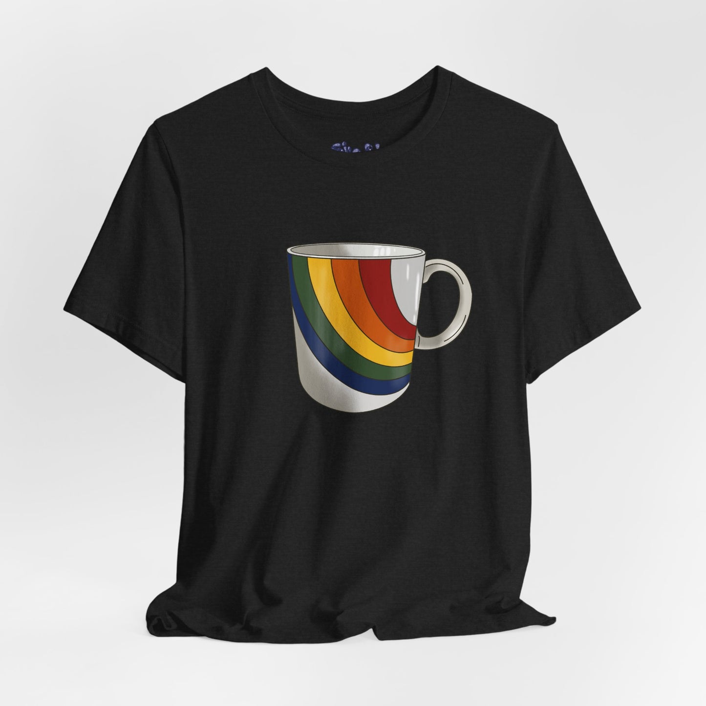 Retro 70's 80's Rainbow Coffee Mug Graphic Unisex Jersey Tee, Cute Vintage Coffee Gift, Gen X Millennial Casual Wear, Pride Shirt, LGBTQ+