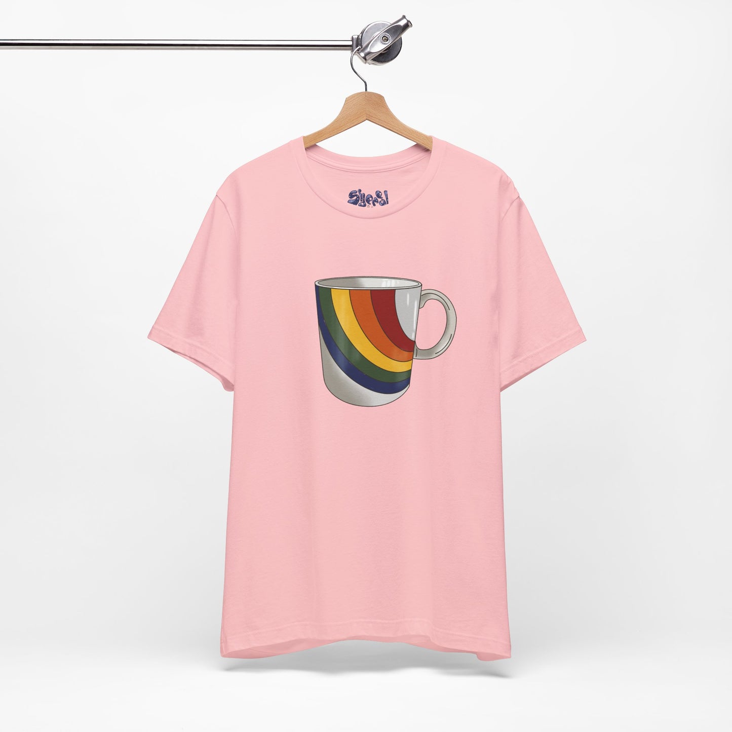 Retro 70's 80's Rainbow Coffee Mug Graphic Unisex Jersey Tee, Cute Vintage Coffee Gift, Gen X Millennial Casual Wear, Pride Shirt, LGBTQ+