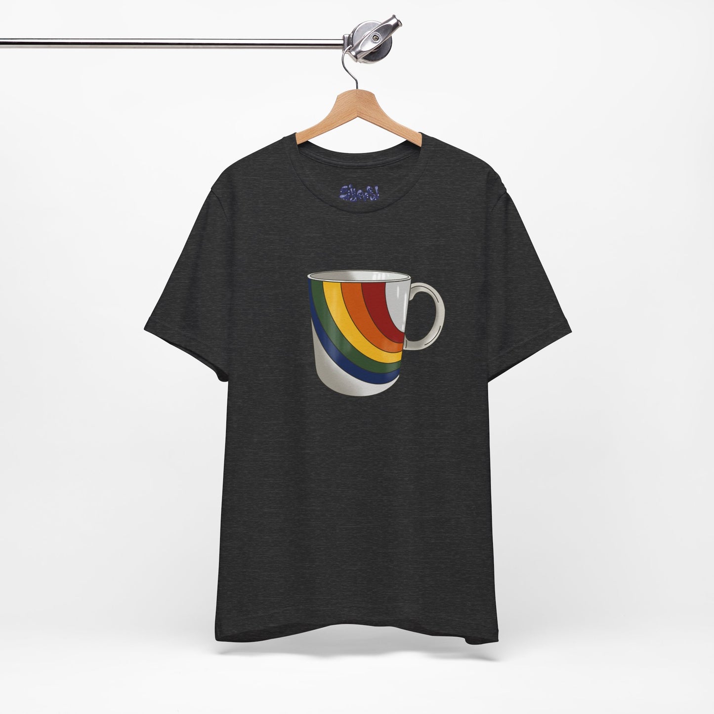 Retro 70's 80's Rainbow Coffee Mug Graphic Unisex Jersey Tee, Cute Vintage Coffee Gift, Gen X Millennial Casual Wear, Pride Shirt, LGBTQ+
