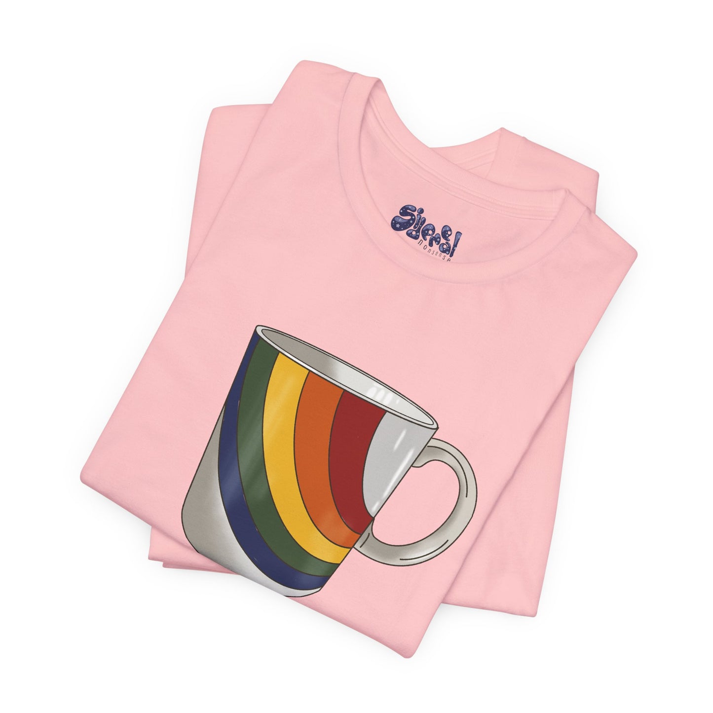 Retro 70's 80's Rainbow Coffee Mug Graphic Unisex Jersey Tee, Cute Vintage Coffee Gift, Gen X Millennial Casual Wear, Pride Shirt, LGBTQ+