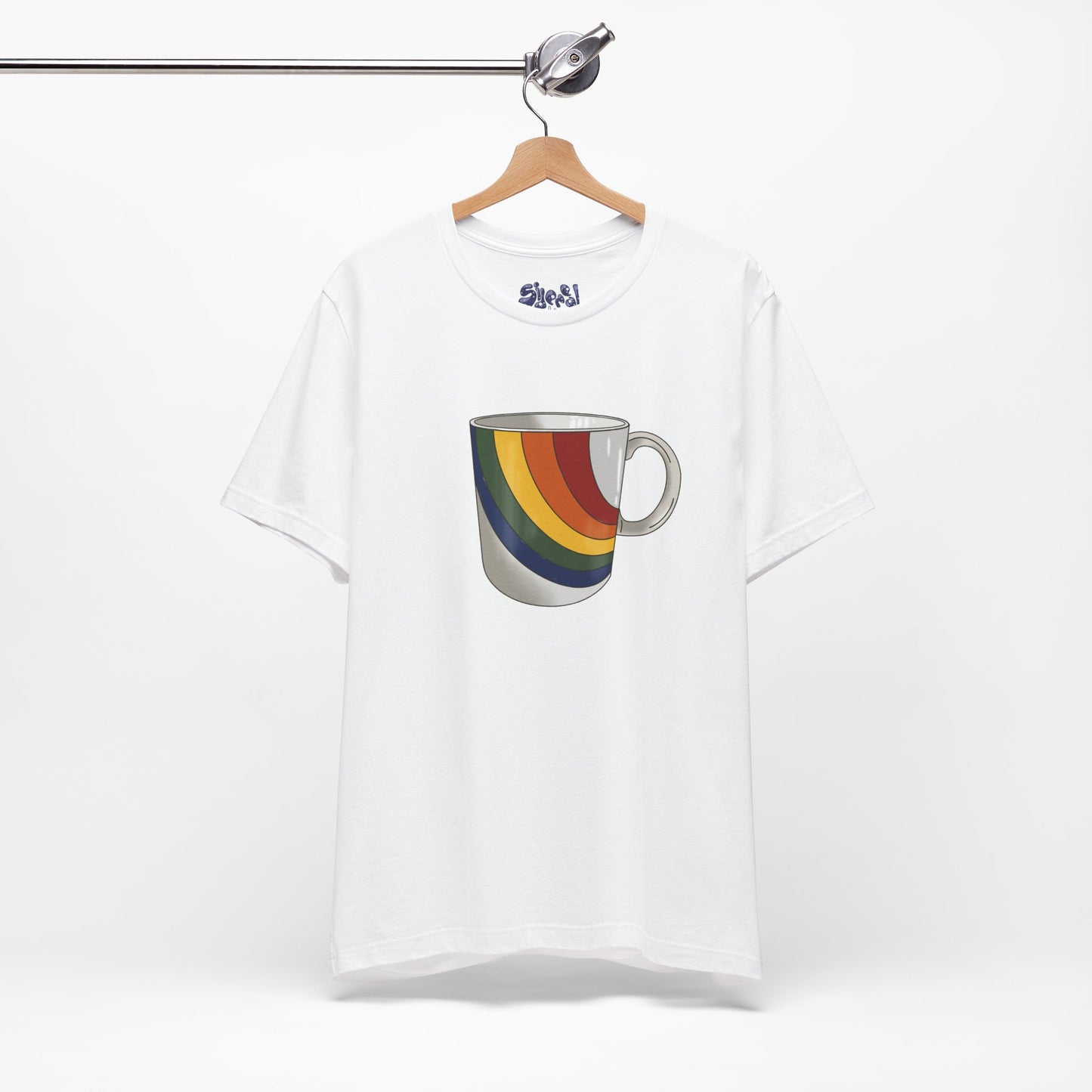 Retro 70's 80's Rainbow Coffee Mug Graphic Unisex Jersey Tee, Cute Vintage Coffee Gift, Gen X Millennial Casual Wear, Pride Shirt, LGBTQ+