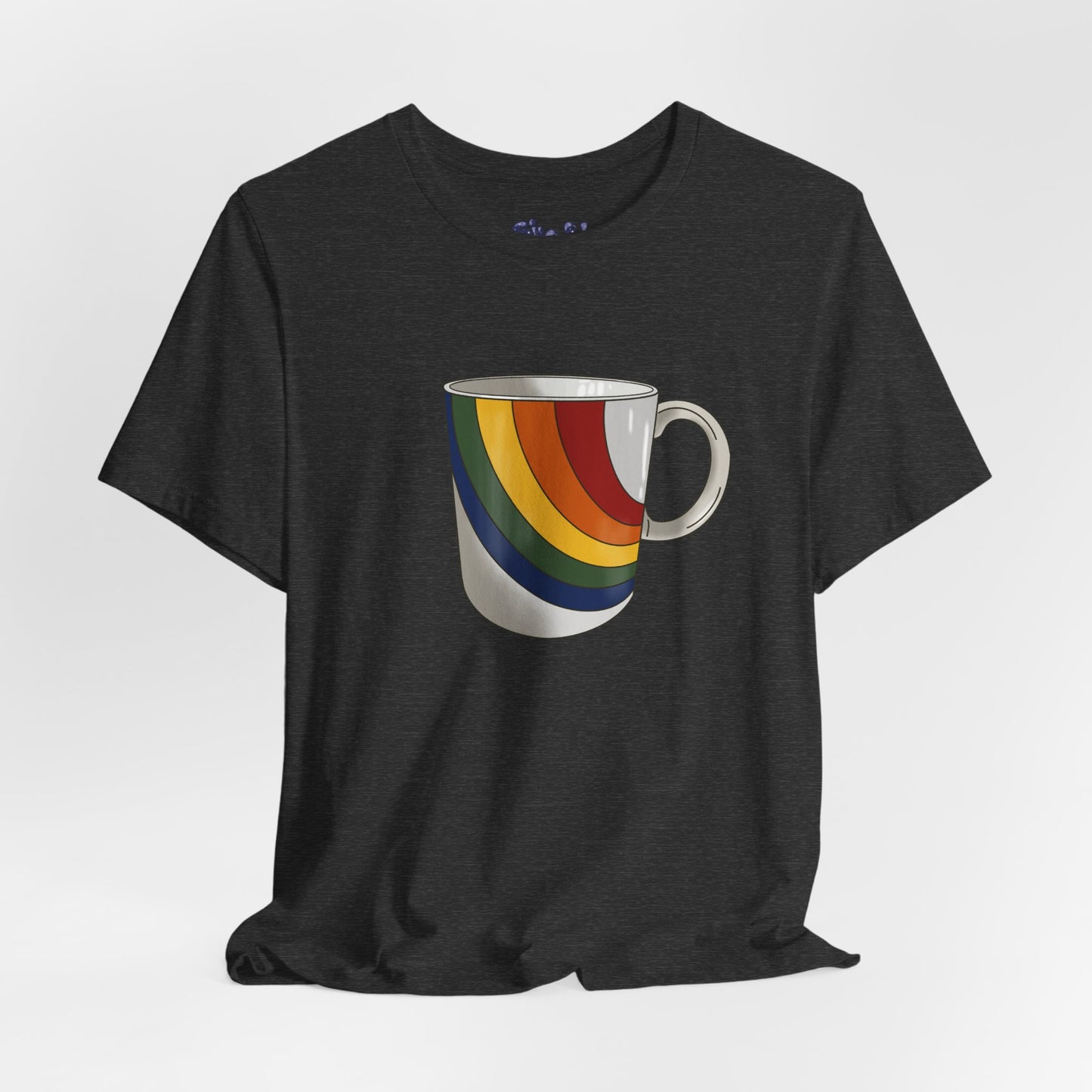 Retro 70's 80's Rainbow Coffee Mug Graphic Unisex Jersey Tee, Cute Vintage Coffee Gift, Gen X Millennial Casual Wear, Pride Shirt, LGBTQ+