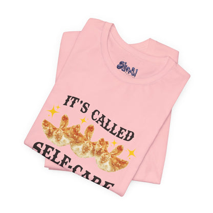 Crab Rangoon Self-Care Short Sleeve Tee, Unisex T-Shirt, Chinese Food Casual Wear, Gift for Foodie, Self Care Quotes, Quirky Motivational Apparel