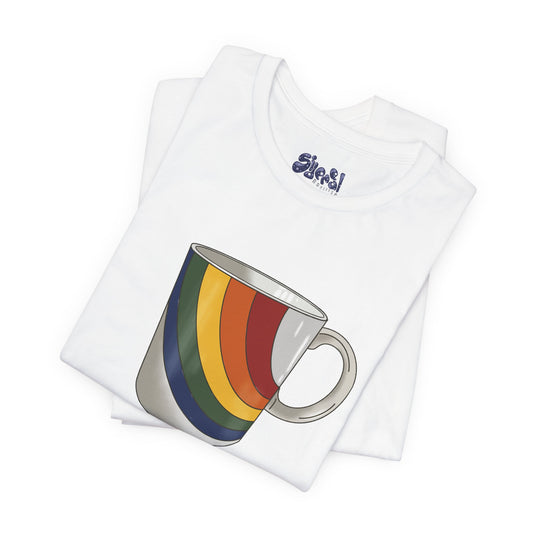 Retro 70's 80's Rainbow Coffee Mug Graphic Unisex Jersey Tee, Cute Vintage Coffee Gift, Gen X Millennial Casual Wear, Pride Shirt, LGBTQ+