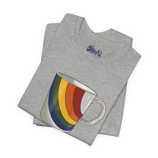 Retro 70's 80's Rainbow Coffee Mug Graphic Unisex Jersey Tee, Cute Vintage Coffee Gift, Gen X Millennial Casual Wear, Pride Shirt, LGBTQ+