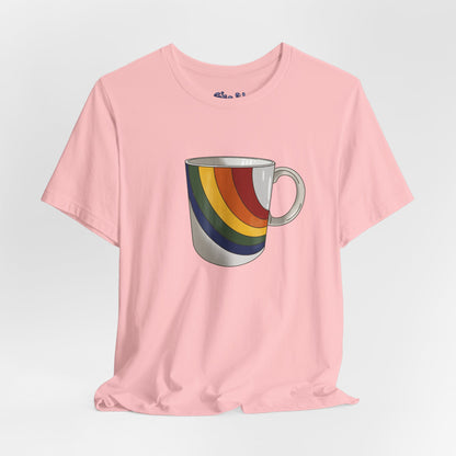Retro 70's 80's Rainbow Coffee Mug Graphic Unisex Jersey Tee, Cute Vintage Coffee Gift, Gen X Millennial Casual Wear, Pride Shirt, LGBTQ+