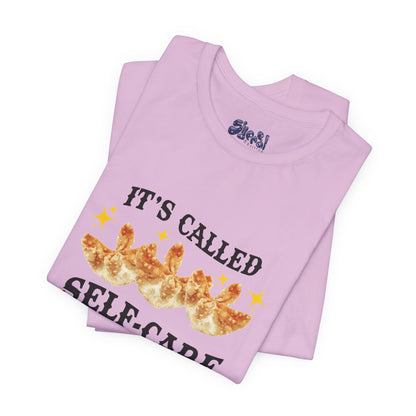 Crab Rangoon Self-Care Short Sleeve Tee, Unisex T-Shirt, Chinese Food Casual Wear, Gift for Foodie, Self Care Quotes, Quirky Motivational Apparel