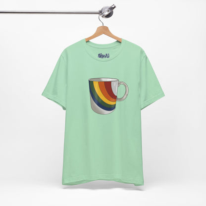 Retro 70's 80's Rainbow Coffee Mug Graphic Unisex Jersey Tee, Cute Vintage Coffee Gift, Gen X Millennial Casual Wear, Pride Shirt, LGBTQ+