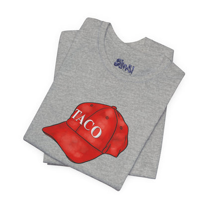Taco Hat Tee, Trump Always Chickens Out Unisex Jersey Short Sleeve Tee, MAGA Hat, Funny Political Shirt, Liberal Leftist Gift