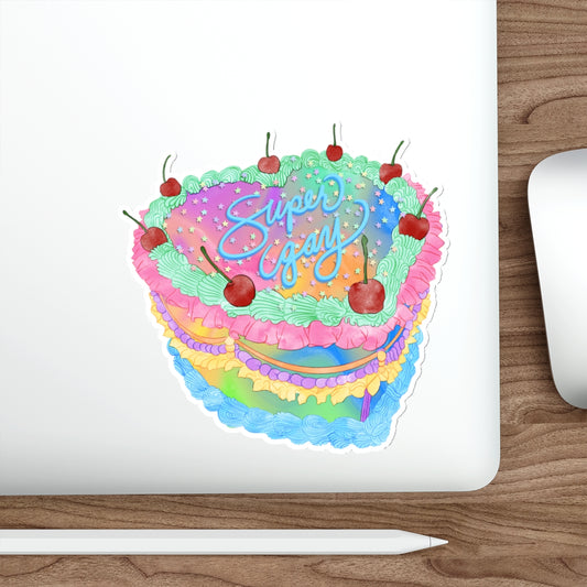 Super Gay Rainbow Cake Waterproof Vinyl Die-Cut Stickers | Super Gay Vintage Cake Decor | LGBTQ+ Pride Gift for Bakers, Laptop & Water Bottle Sticker