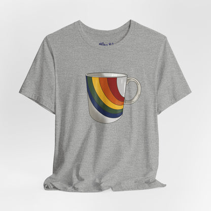 Retro 70's 80's Rainbow Coffee Mug Graphic Unisex Jersey Tee, Cute Vintage Coffee Gift, Gen X Millennial Casual Wear, Pride Shirt, LGBTQ+
