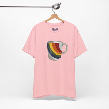Retro 70's 80's Rainbow Coffee Mug Graphic Unisex Jersey Tee, Cute Vintage Coffee Gift, Gen X Millennial Casual Wear, Pride Shirt, LGBTQ+