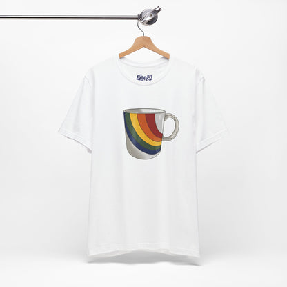 Retro 70's 80's Rainbow Coffee Mug Graphic Unisex Jersey Tee, Cute Vintage Coffee Gift, Gen X Millennial Casual Wear, Pride Shirt, LGBTQ+